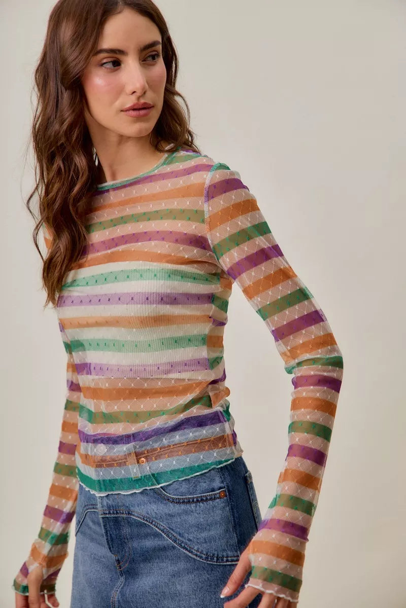 SO ME Mardi Gras Color Stripe Stretch Mesh Top