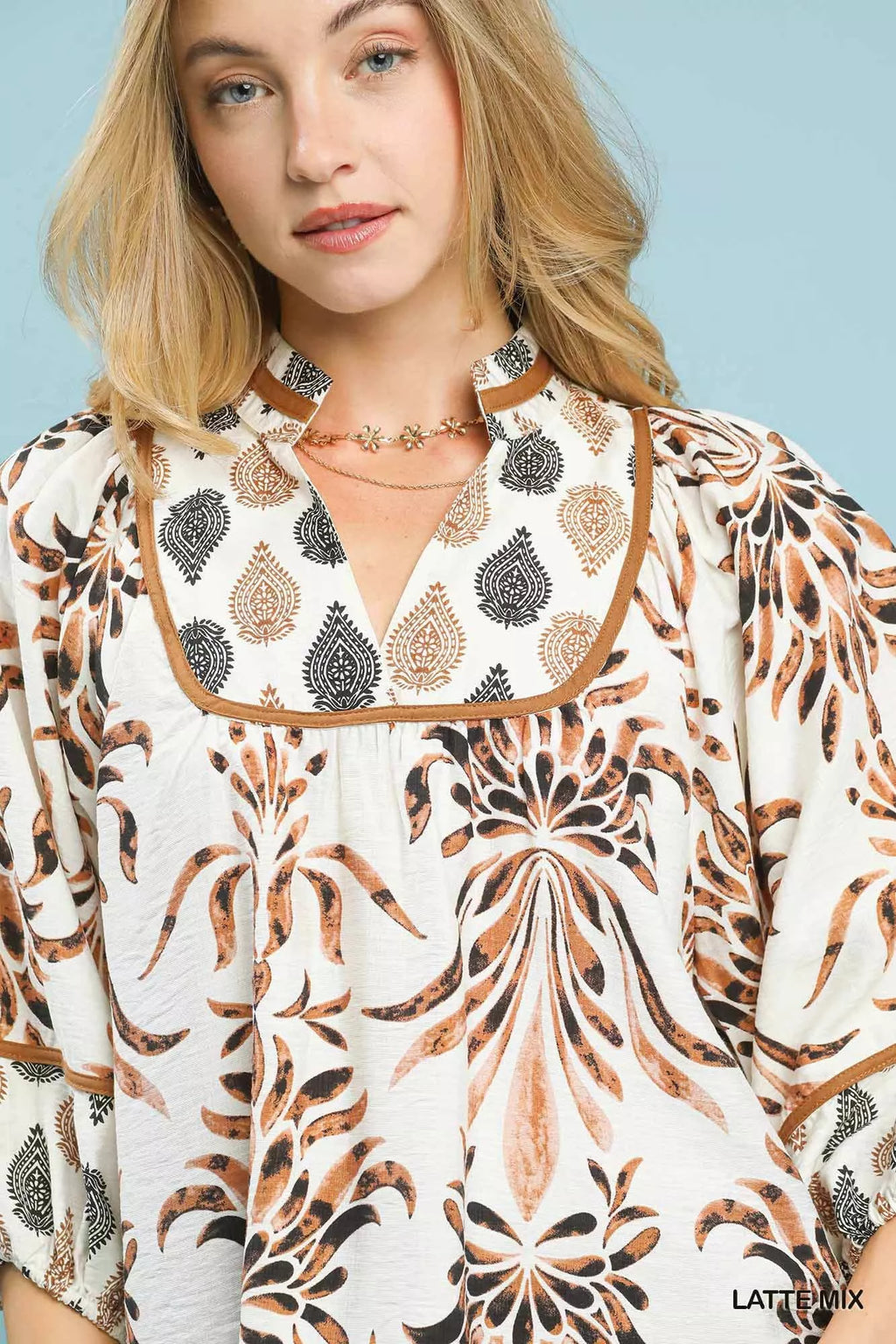 Umgee Mix Floral Print Balloon Sleeve Blouse