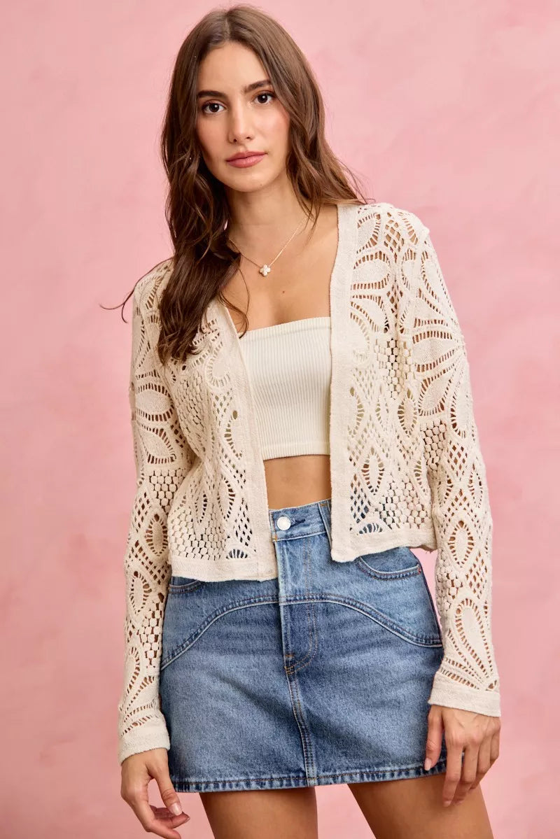 SO ME Crochet Knit Long Sleeves Cardigan Sweater