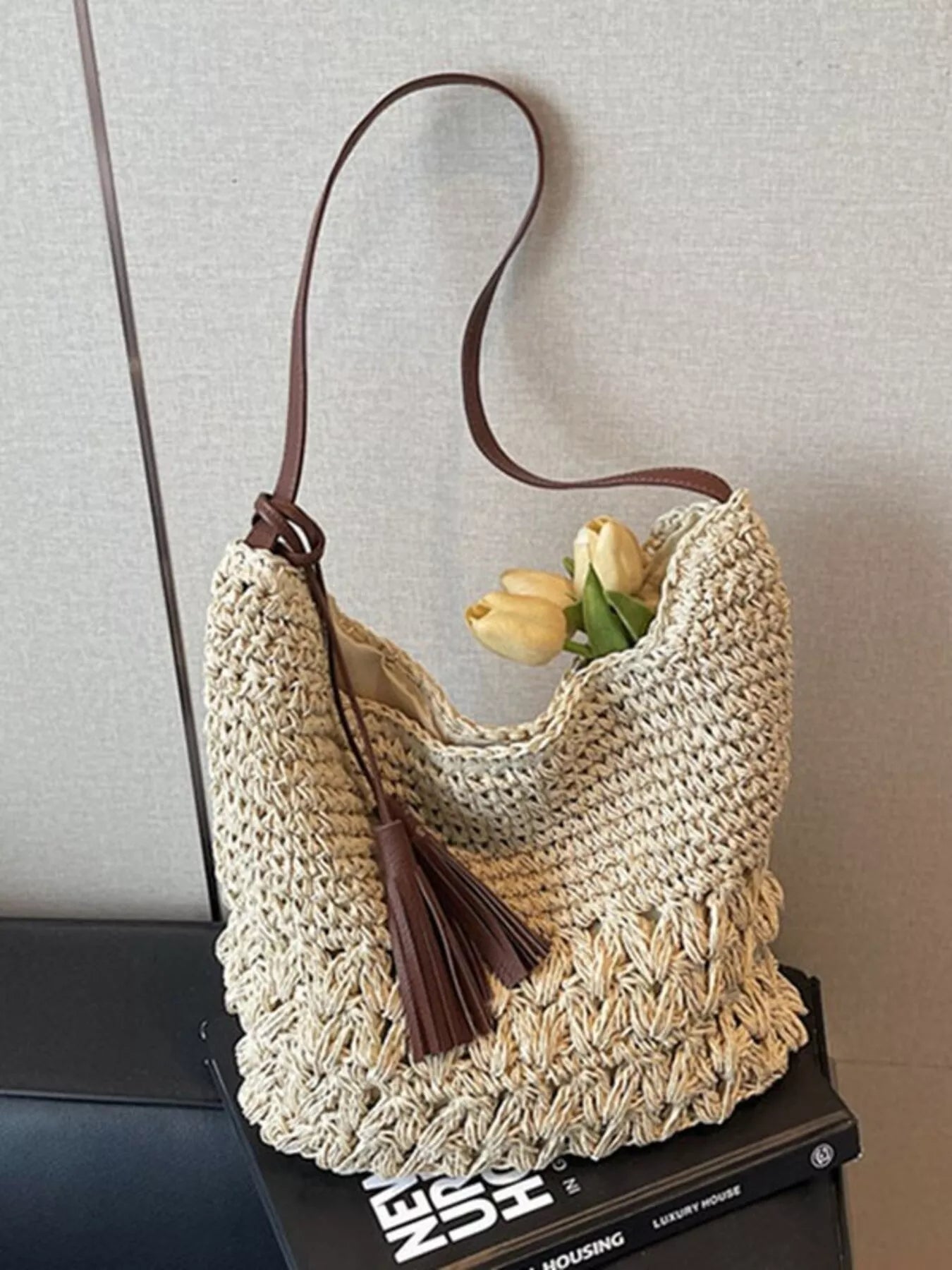 Woven Straw Shoulder Bag with Tassels