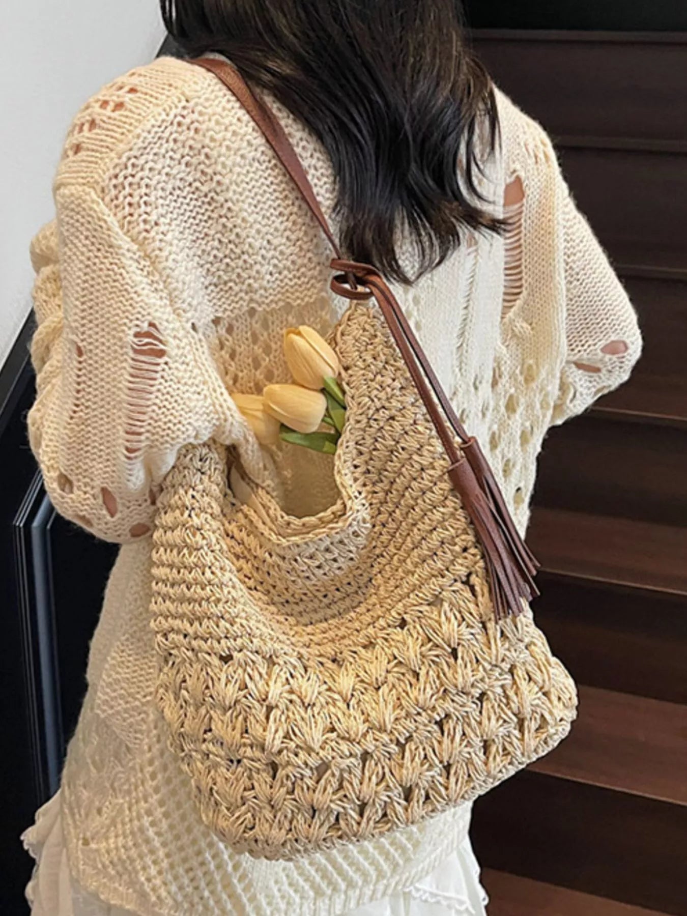 Woven Straw Shoulder Bag with Tassels