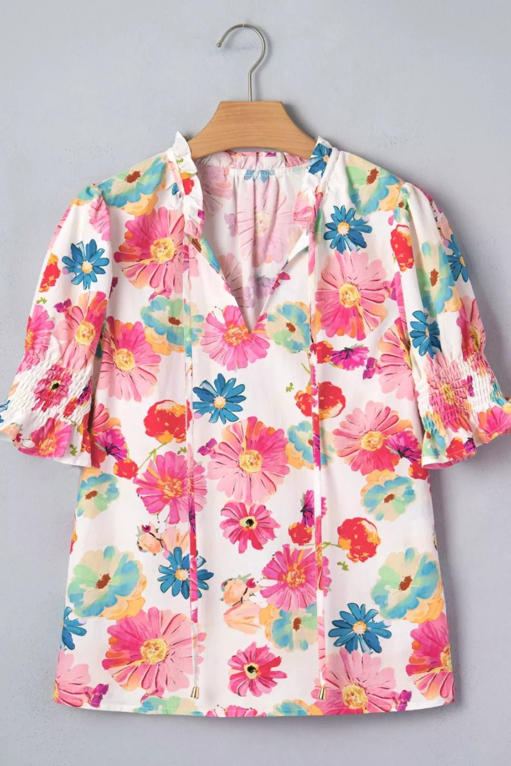 Floral Print Ruched Short Sleeve Blouse