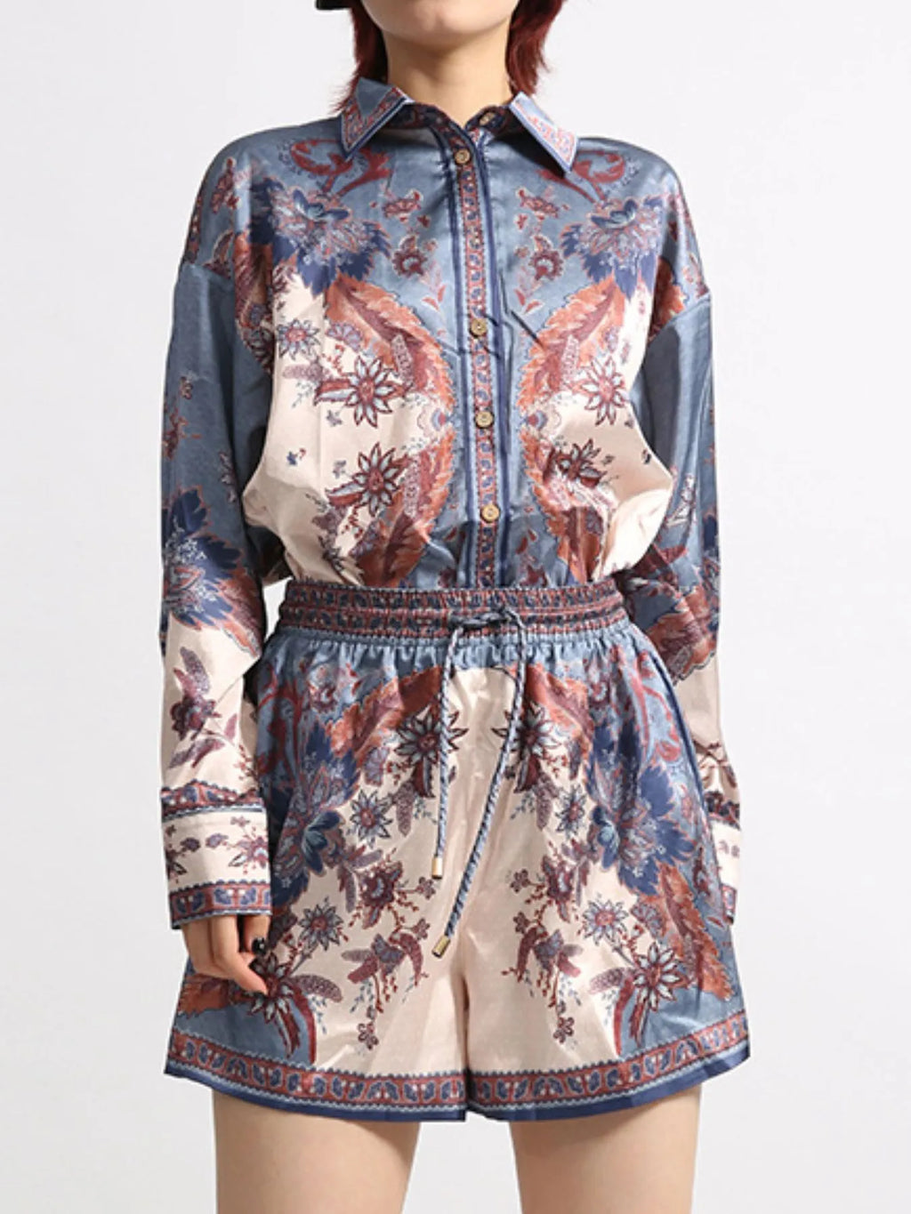 Printed Button Front Long Sleeve Shirt and Shorts Set