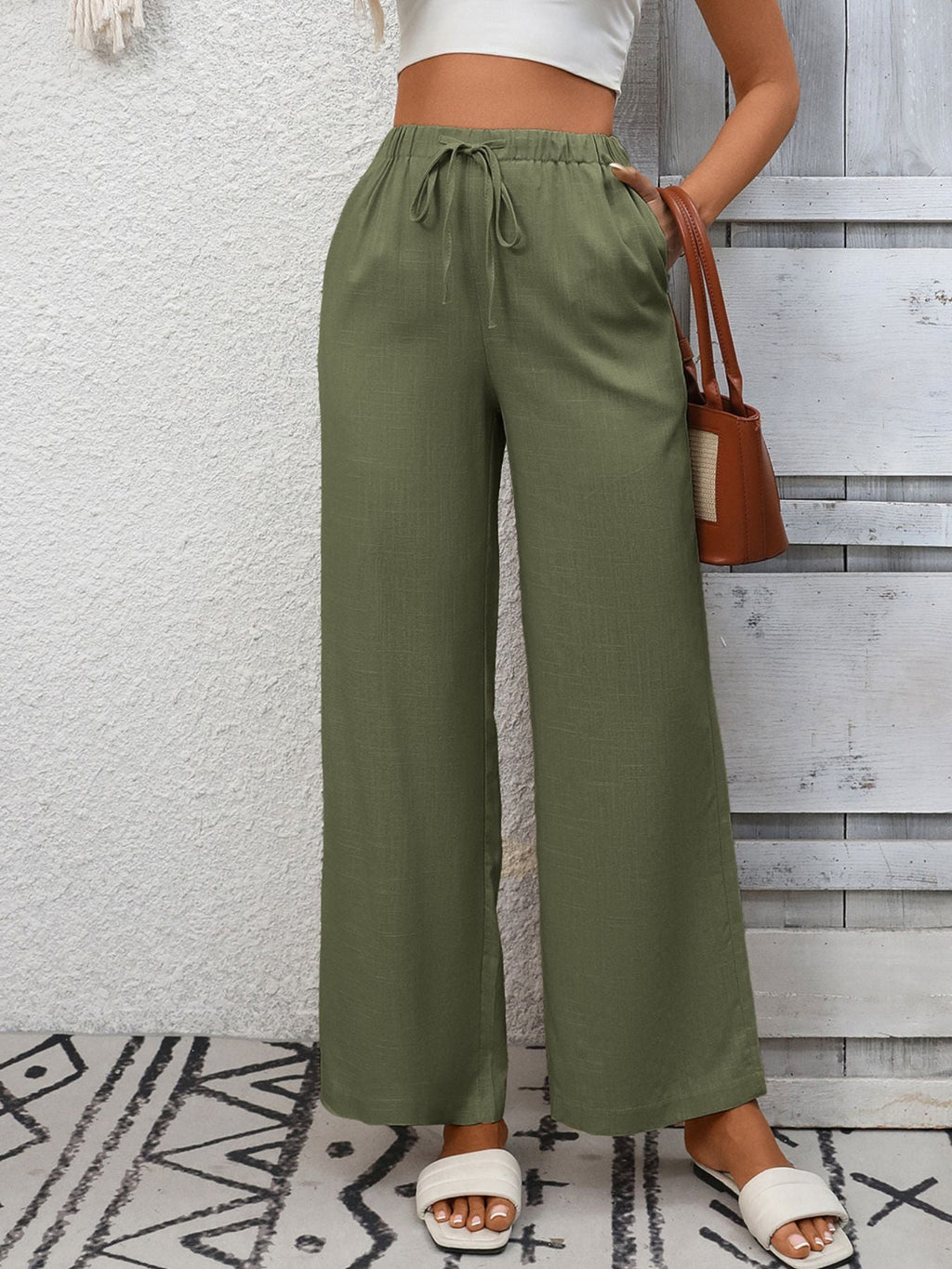 Drawstring High Waist Wide Leg Pants