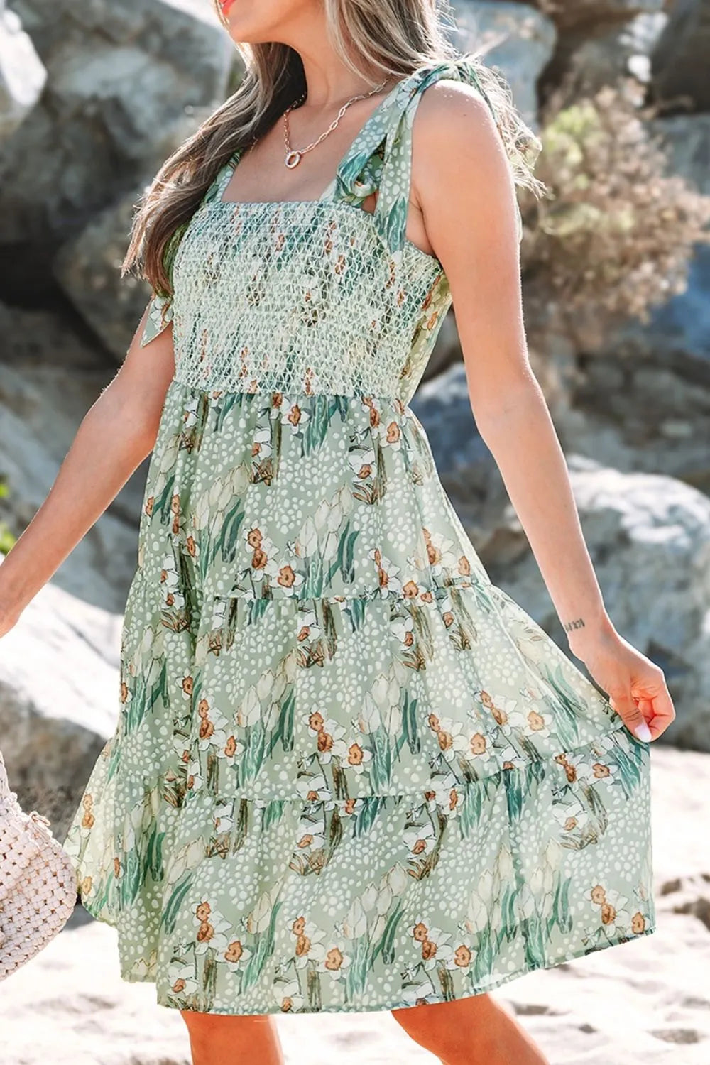 Smocked Printed Tie Shoulder Mini Cami Dress