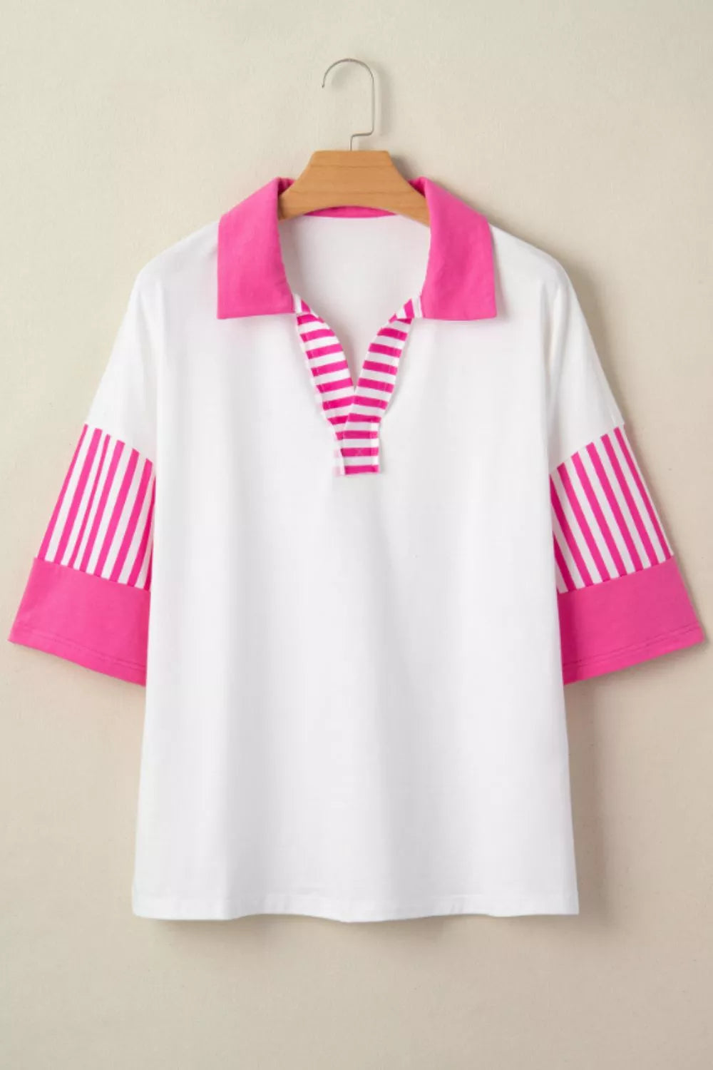 Striped Color Block Patchwork Polo Collar Half Sleeve T Shirt
