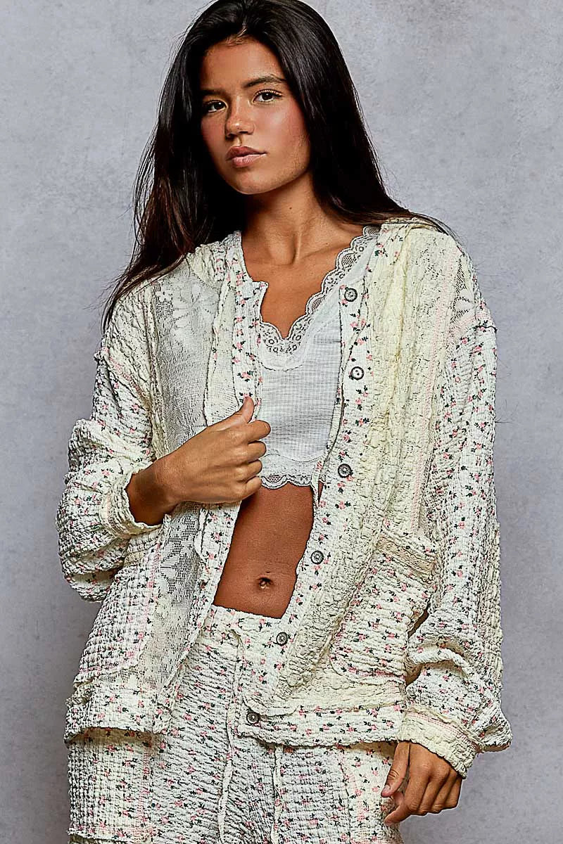 POL Floral Balloon Sleeve Hooded Lace Jacket with Stitch Detail