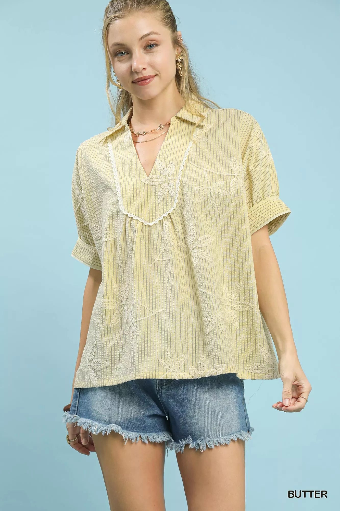 Umgee Striped Embroidered Blouse with Scallop Trim