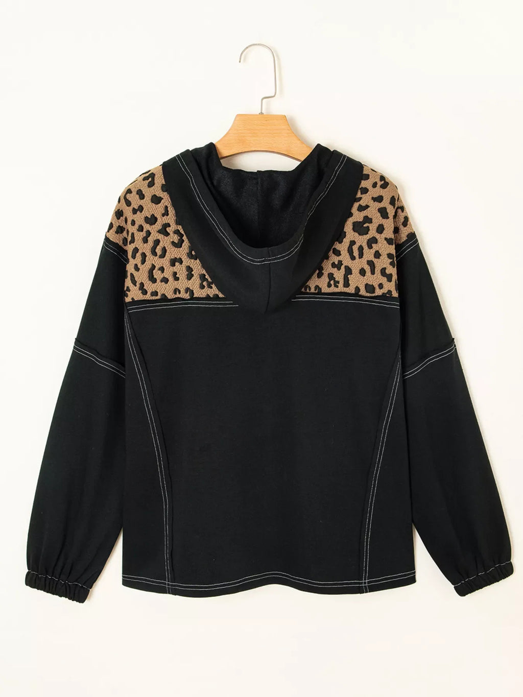 Leopard Patchwork Contrast Stitching Knotted Cuff Quarter Zip Hoodie