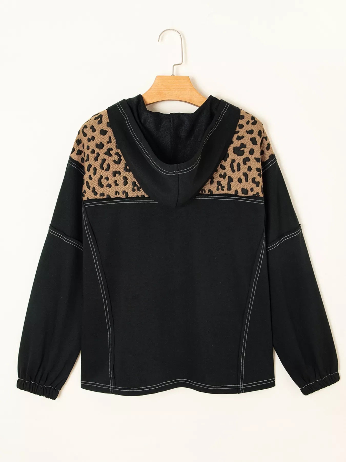 Leopard Patchwork Contrast Stitching Knotted Cuff Quarter Zip Hoodie
