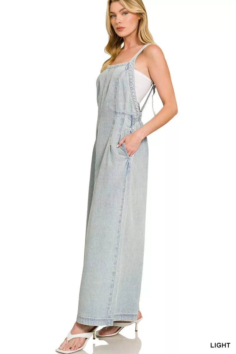 Zenana Denim Light Washed Wide Leg Overalls