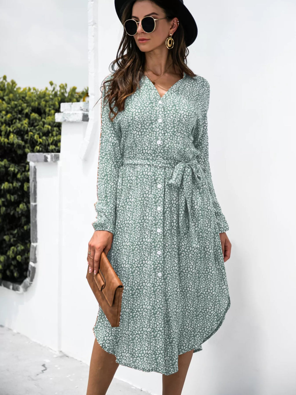 Button Down Printed Long Sleeve Shirt Dress