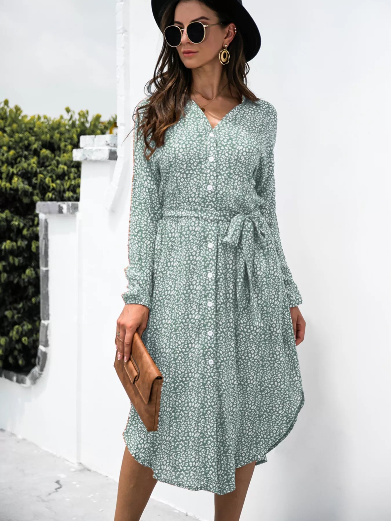 Button Down Printed Long Sleeve Shirt Dress