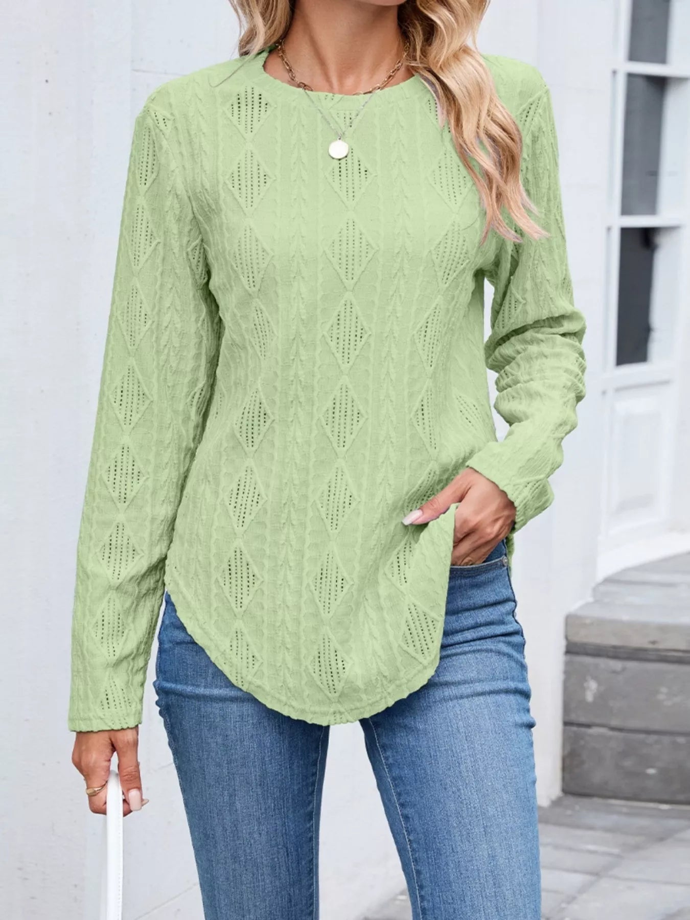 Diamond Pattern Knit Long Sleeve T-Shirt