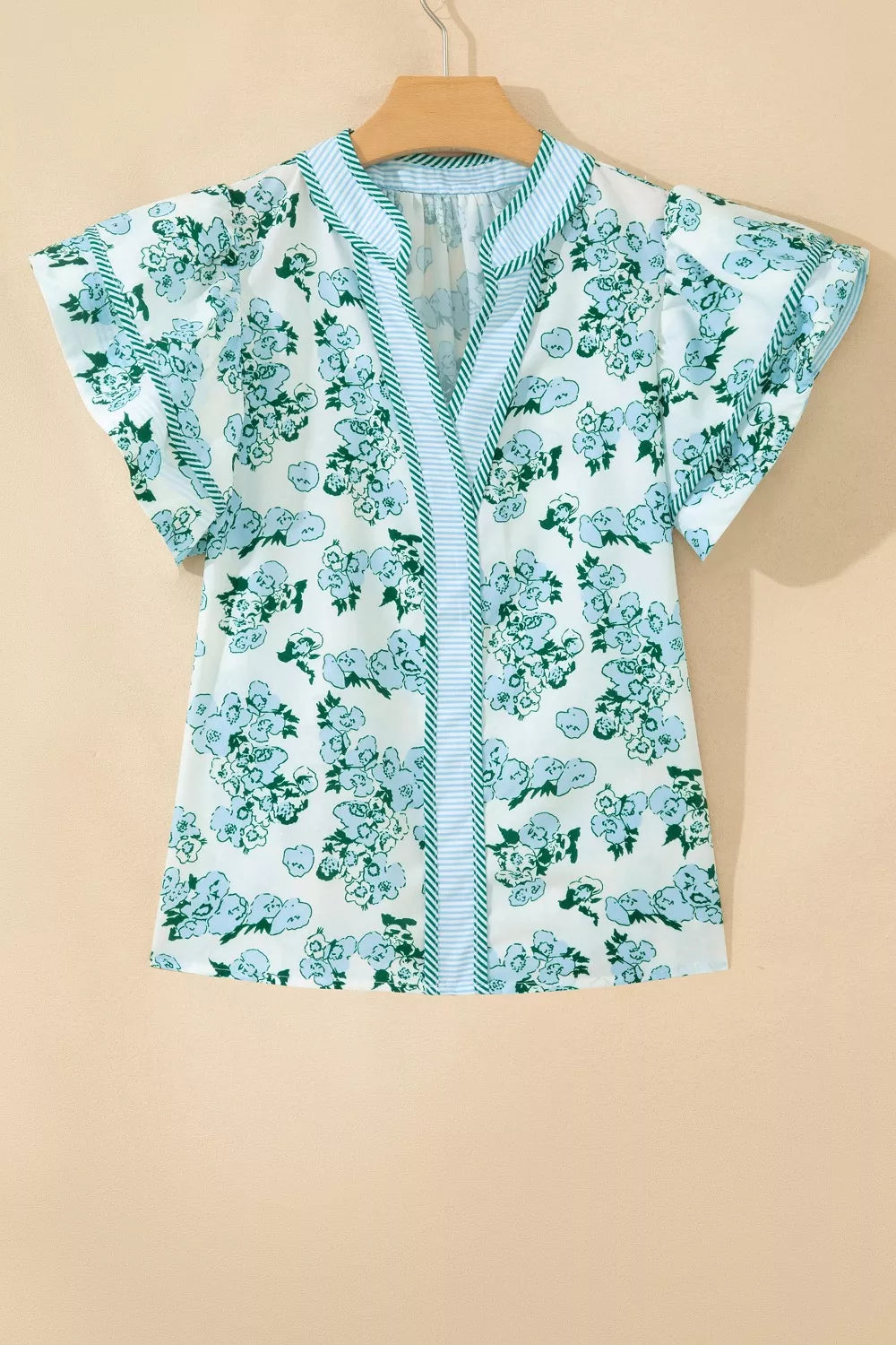Floral Meets Stripes V Neck Flutter Sleeve Blouse