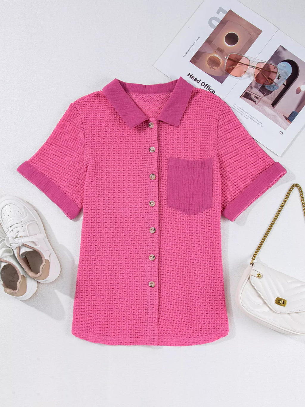 Gauze Waffle Button Down Short Sleeve Shirt