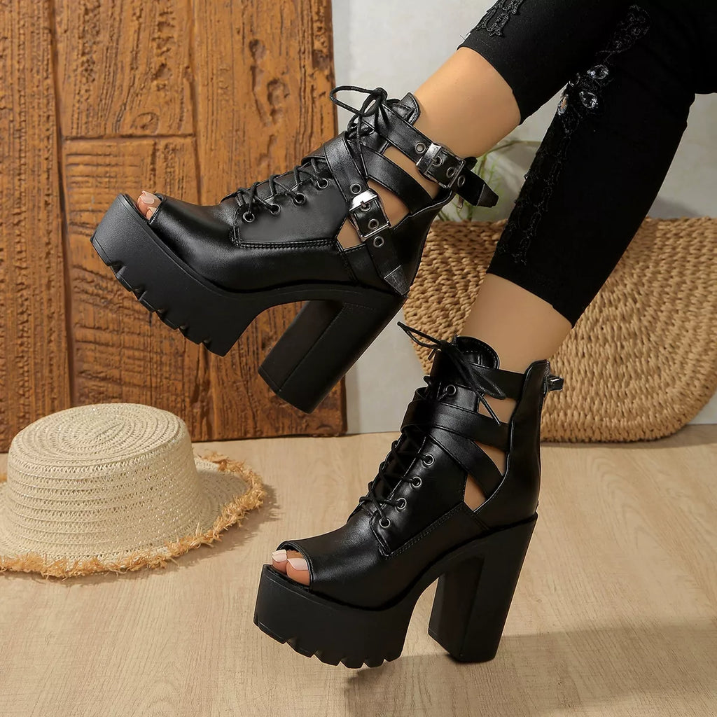 Lace Up Block Heels Sandals