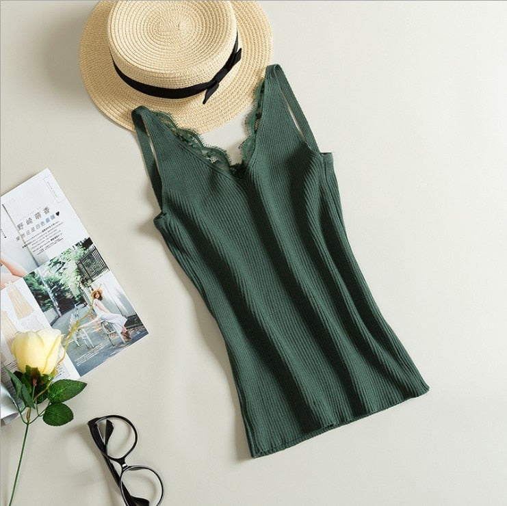 Women Hook Flower Lace Tank solid Stitching V-neck Camis Female Knitted Short Slim Sleeveless Shirt Tank Casual Tops