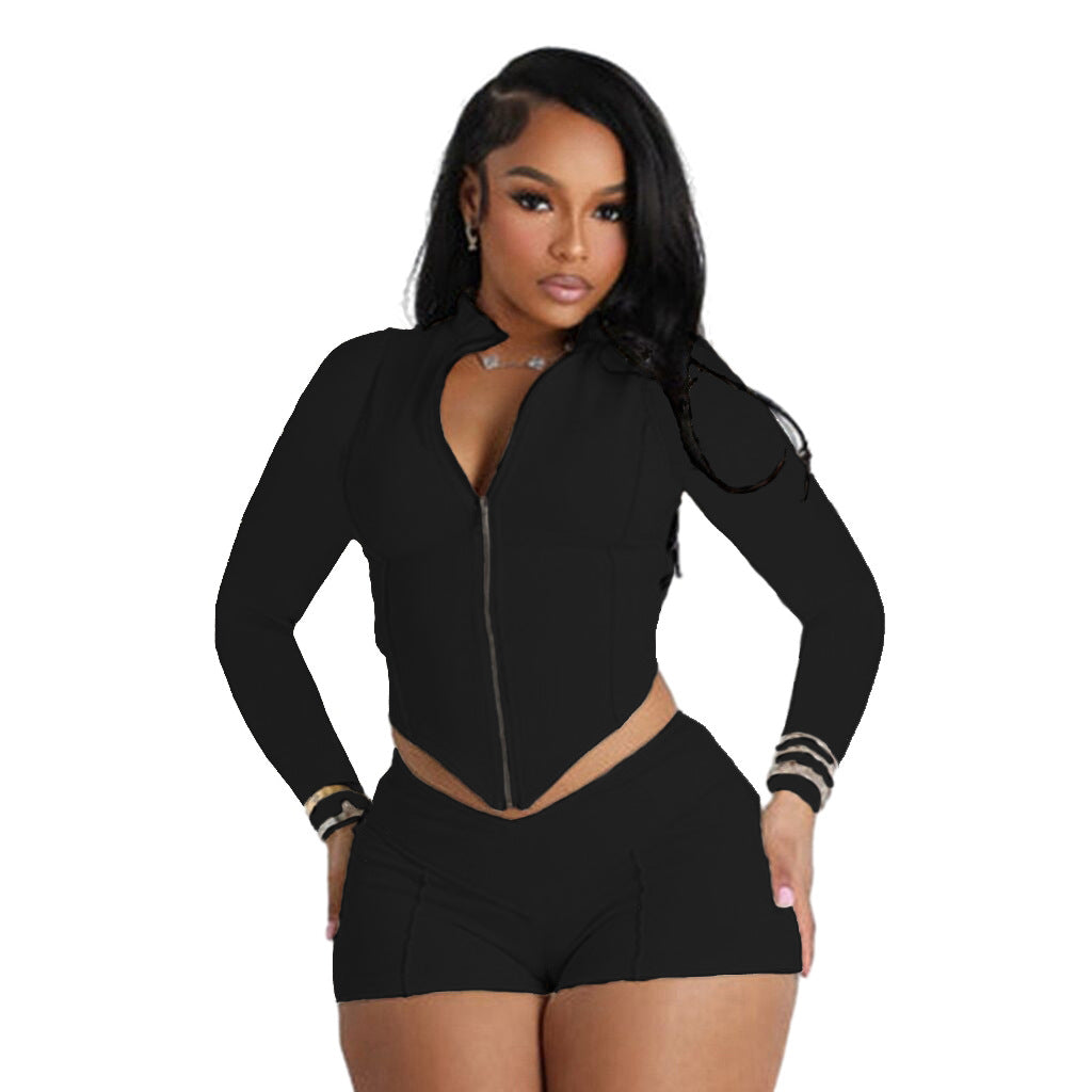 Turn-down Collar Long Sleeve Shorts Set for Women