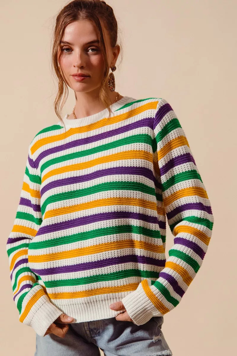 SO ME Mardi Gras Color Stripe Knit Sweater Top