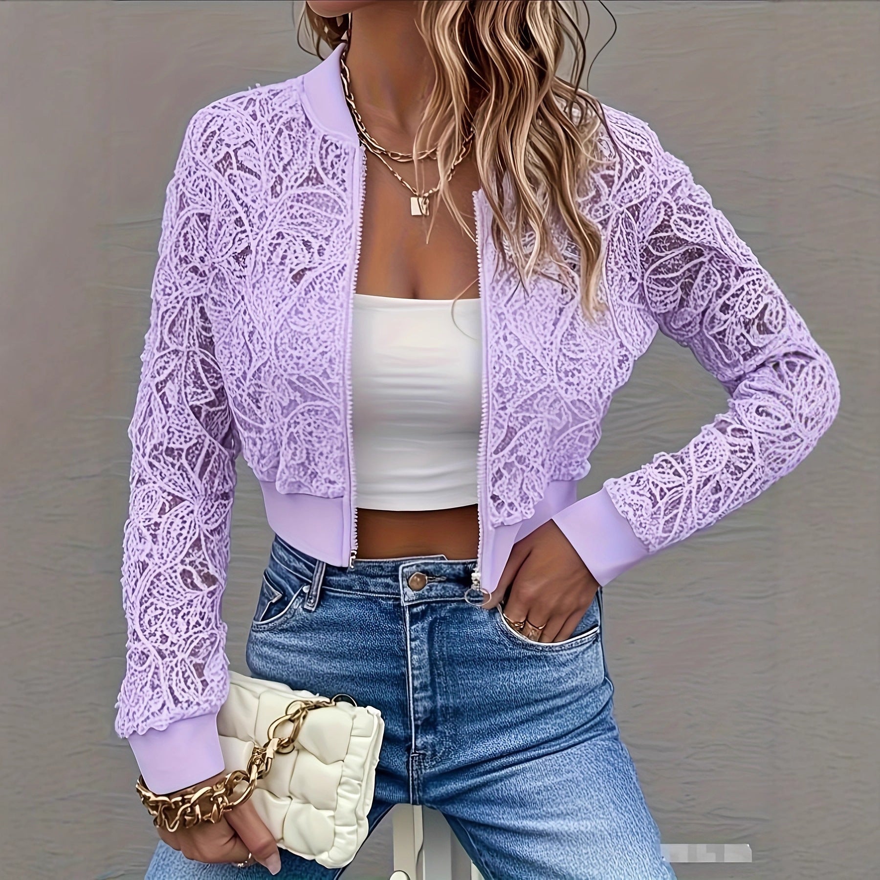 Women's Elegant Lace Short Zip-Up Long Sleeve Jacket Spring Fall Top