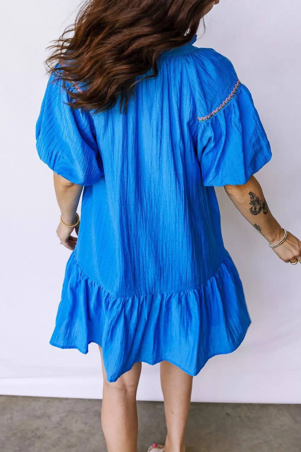 Flower Embroidered Split Neck Short Puff Sleeve Ruffle Hem Dress