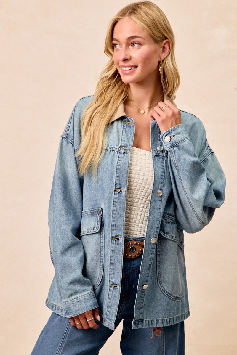 BiBi Washed Denim Jacket with Contrast Collar Detail