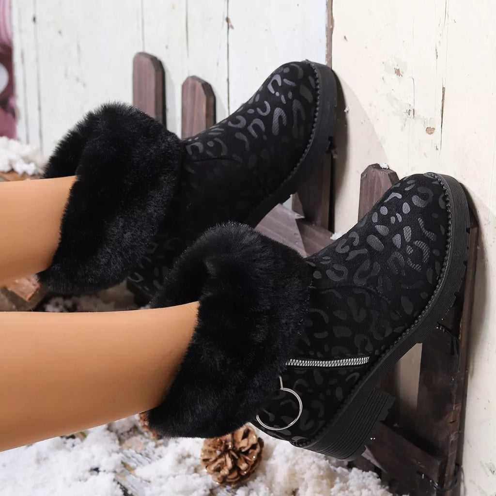 Fuzzy Cuff Leopard Print Ankle Boots