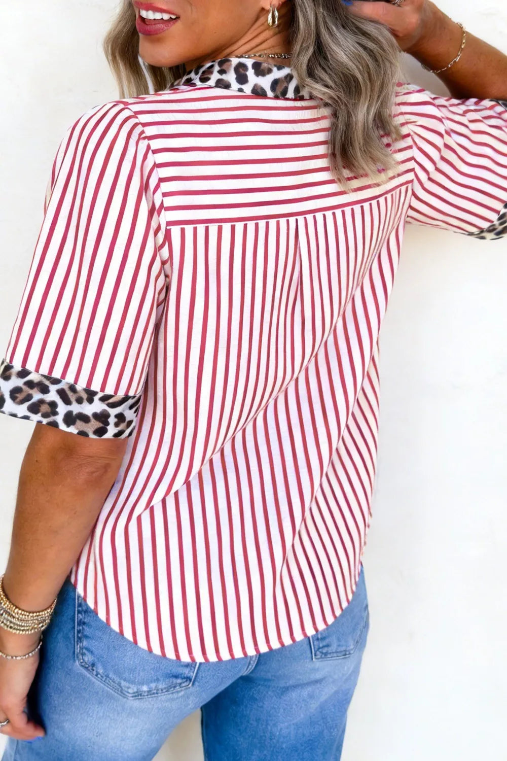Leopard Trim Striped Button Up Shirt