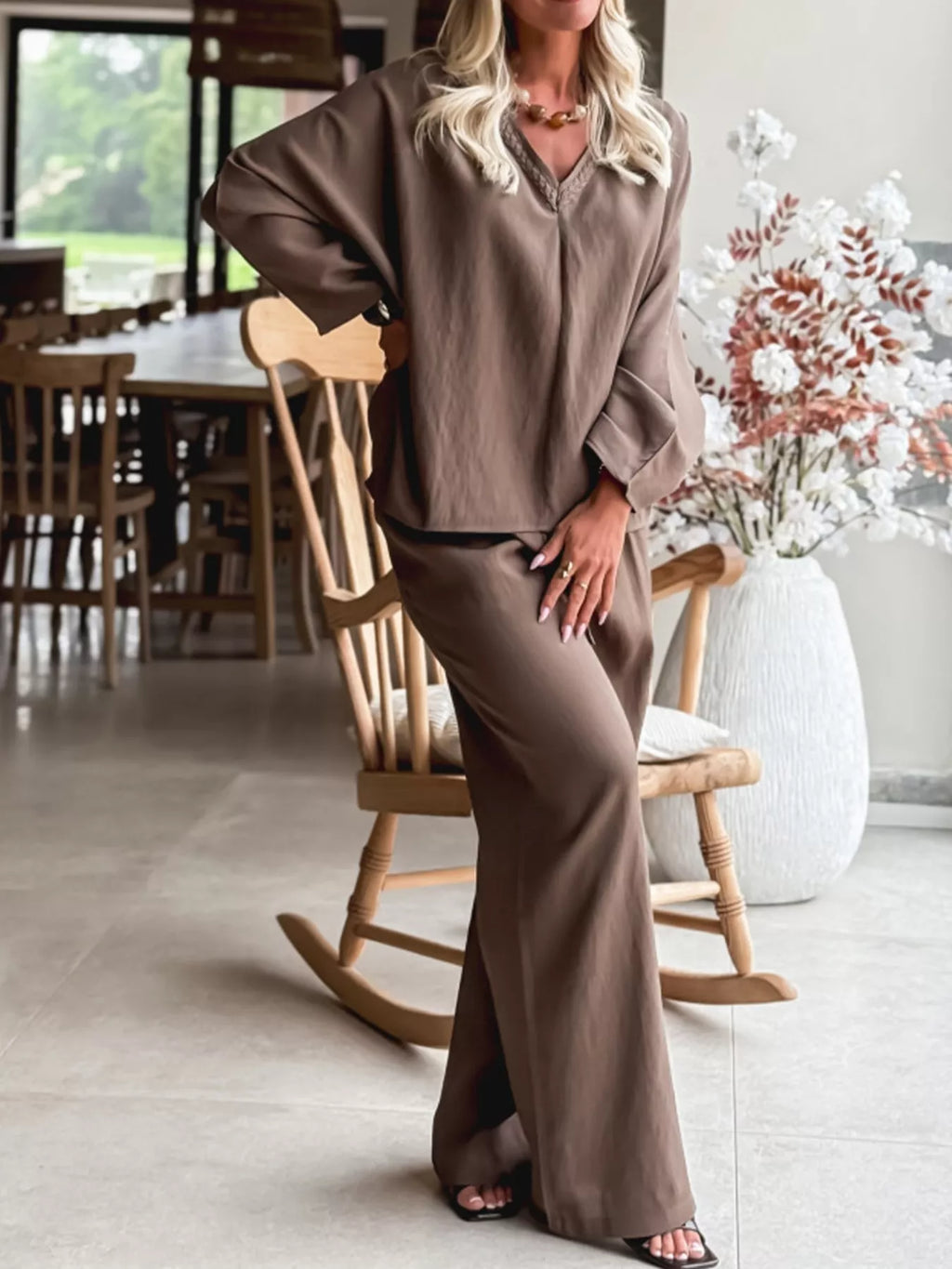 Braided V Neck Long Sleeve Loose Top and Drawstring High Waist Pants 2pcs Outfit