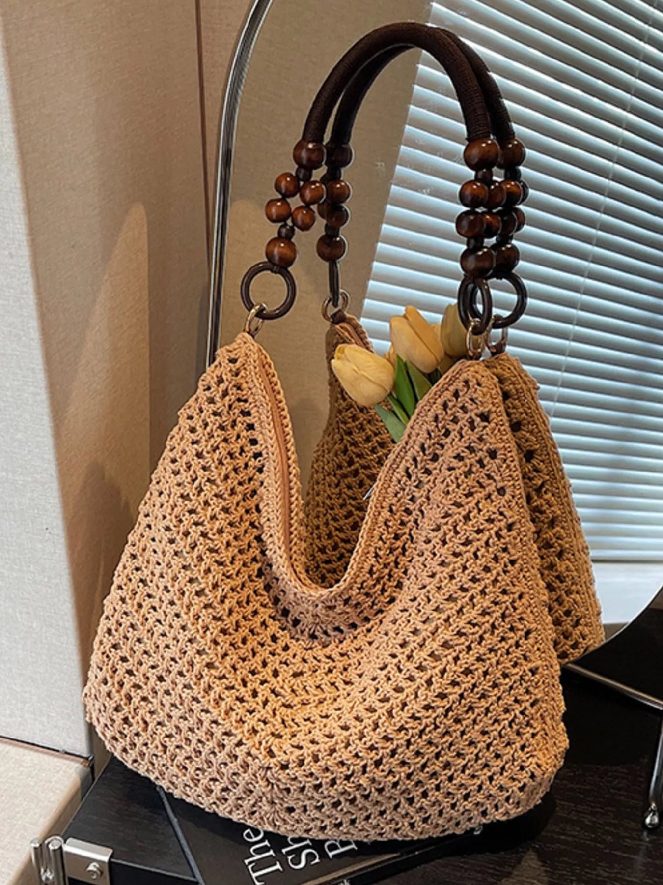 Knitted Shoulder Bag with Wooden Bead Handle