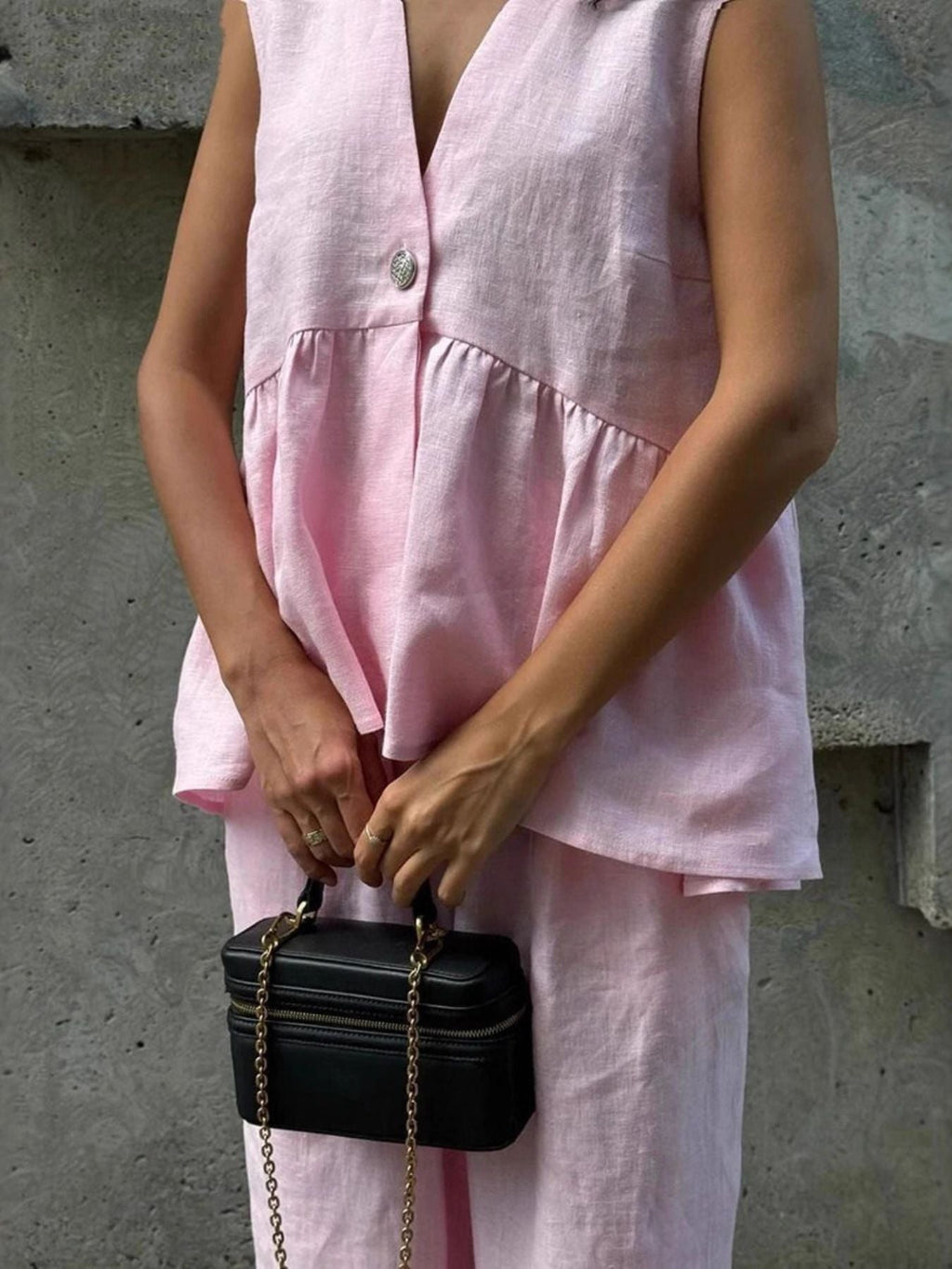 One Button Sleeveless Top and Wide-Leg Pants Set