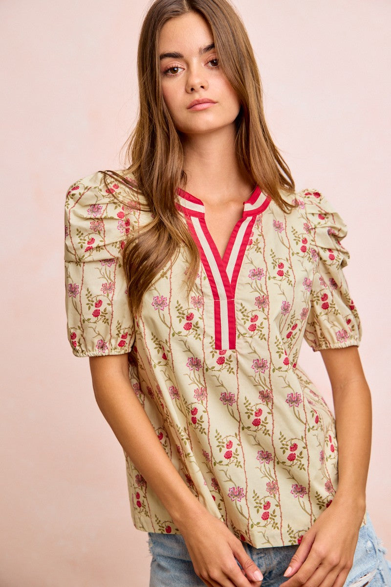 BiBi Floral Gather Sleeves Contrast Neckband Blouse Top