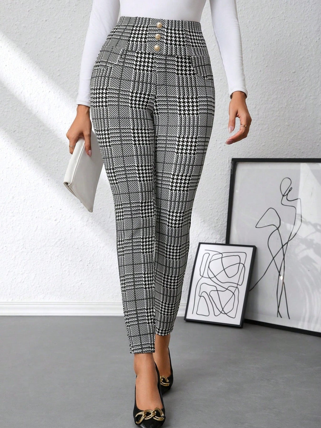High Waist Plaid Slim Fit Pants
