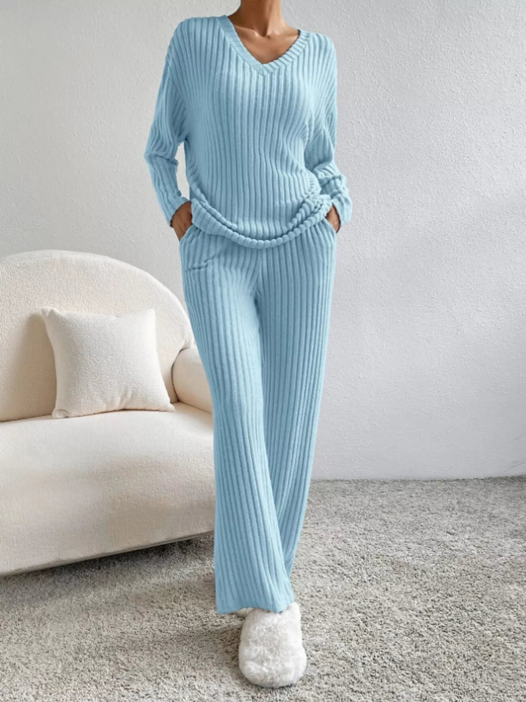 Ribbed Knit Long Sleeve Top and Pants Set