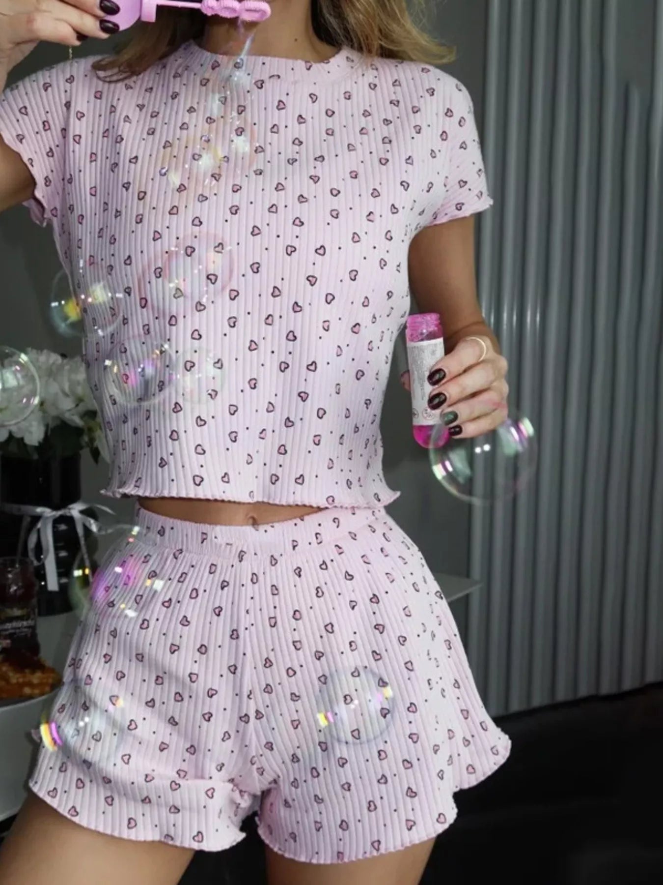 Heart Print Ribbed Knit Top and Shorts Lounge Set