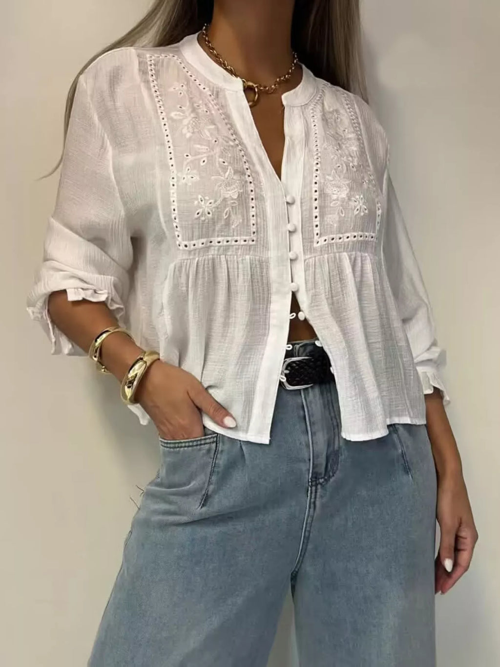 Embroidered Detail Button-Down Shirt