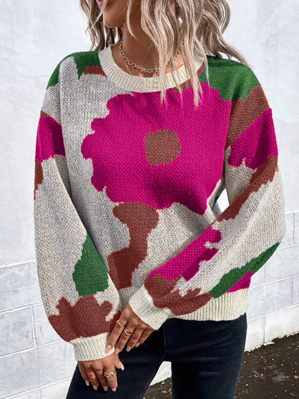 Floral Pattern Round Neck Sweater