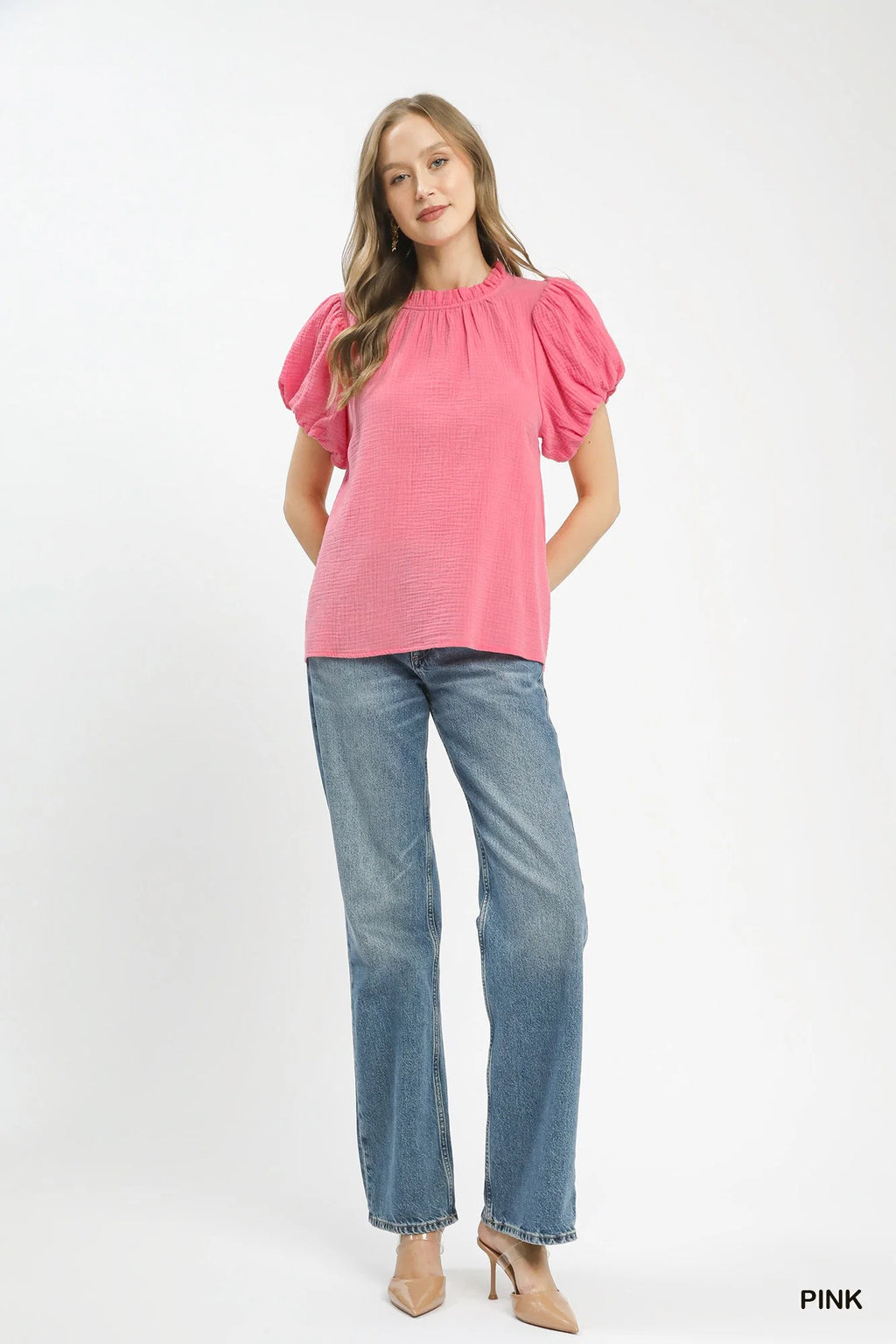Umgee Textured Gauze Ruffle Neck Boho Top
