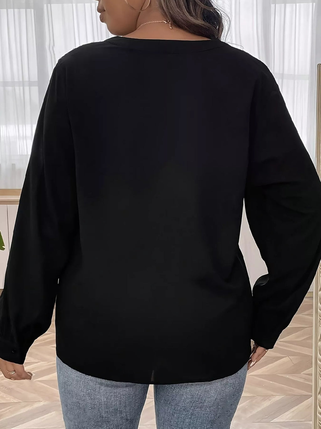 Sequin Trim Notched Long Sleeve Blouse