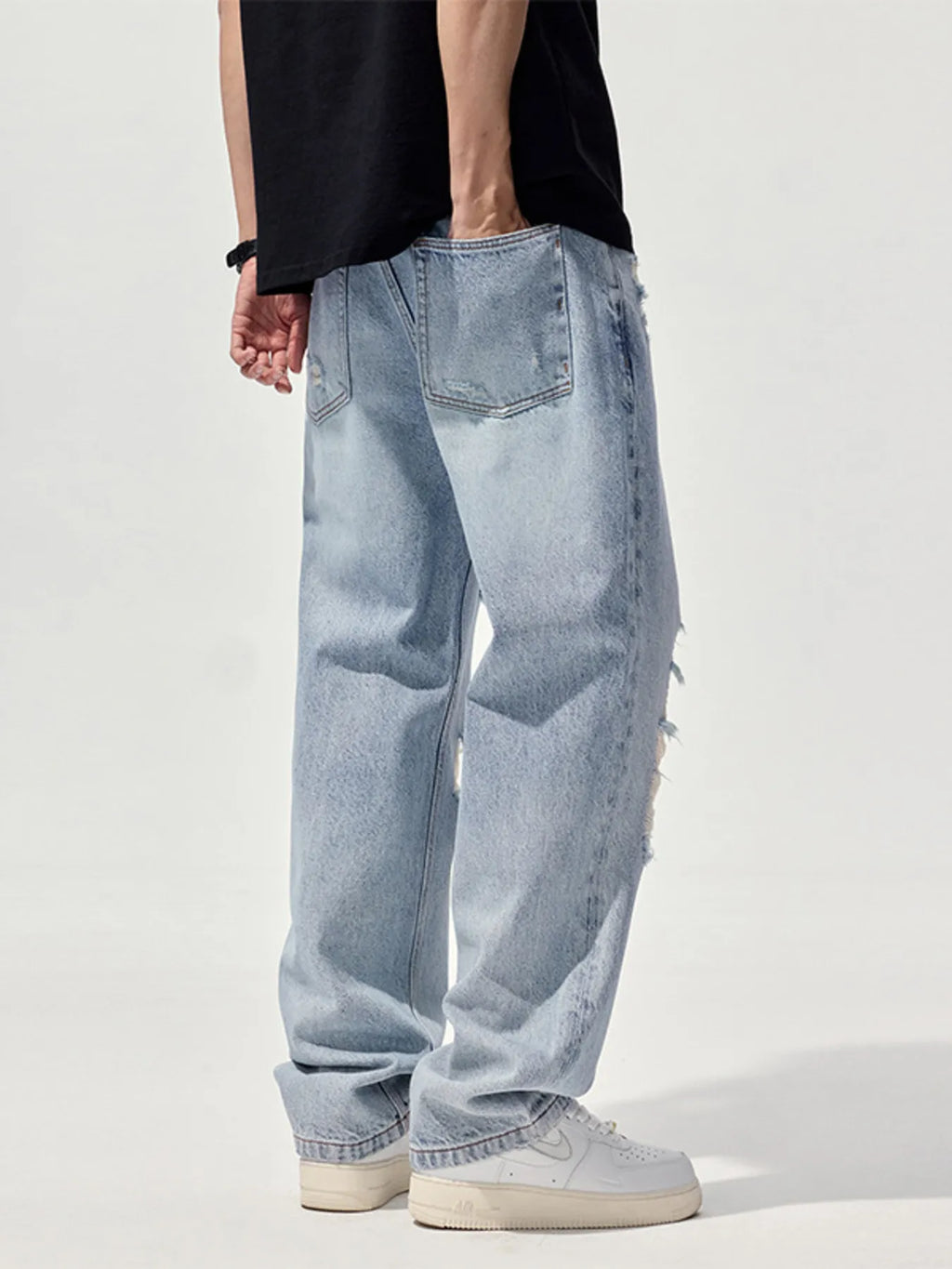 Men's Distressed Washed Wide Leg Jeans