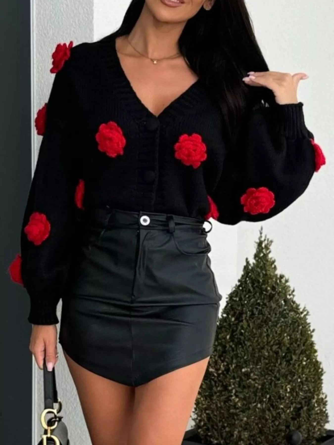 Rose Embellished V-Neck Cardigan