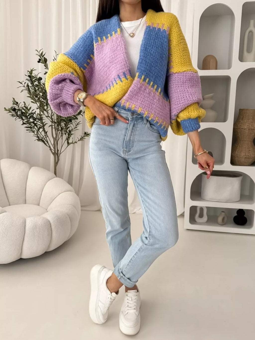 Color Block Open Front Cardigan