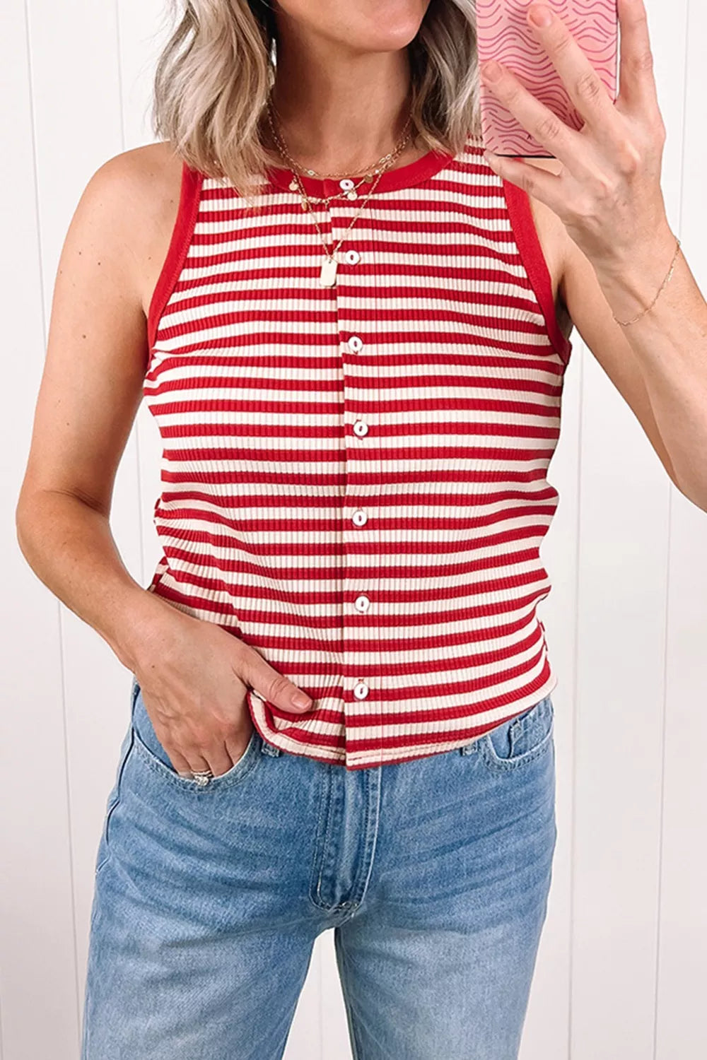 Stripe Buttoned Ribbed Knit Tank Top