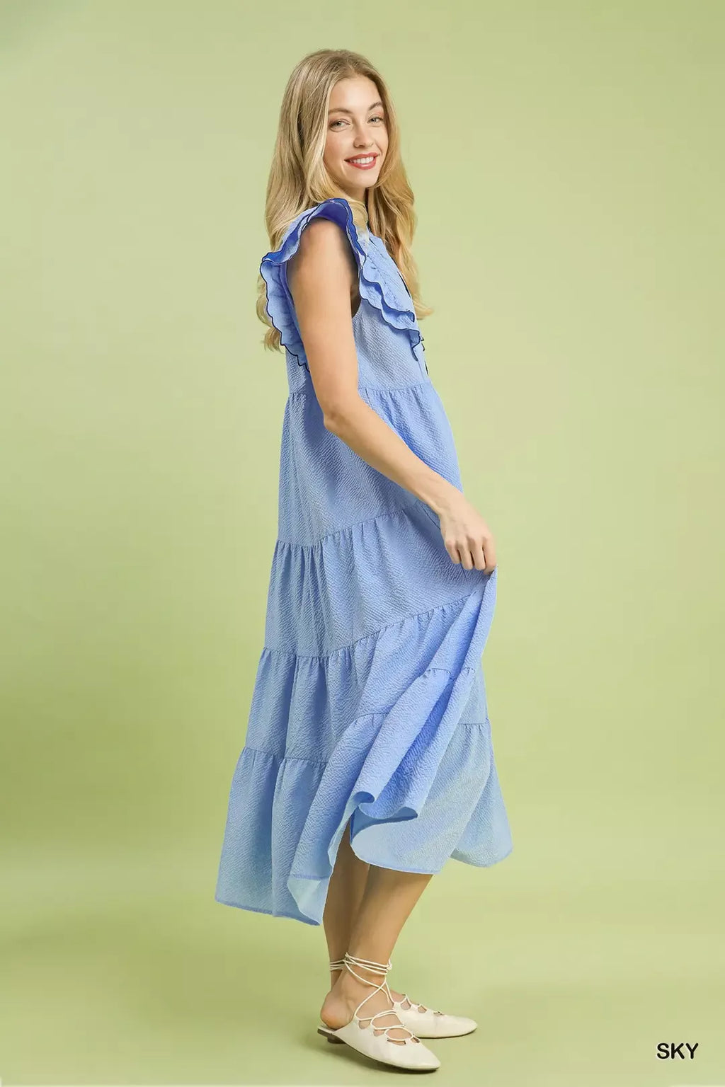 Umgee Seersucker Ruffle Sleeve Tiered Midi Dress
