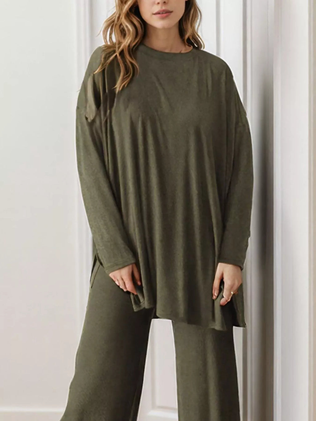 Casual Loose Long Sleeve Top and Wide Leg Pants Set
