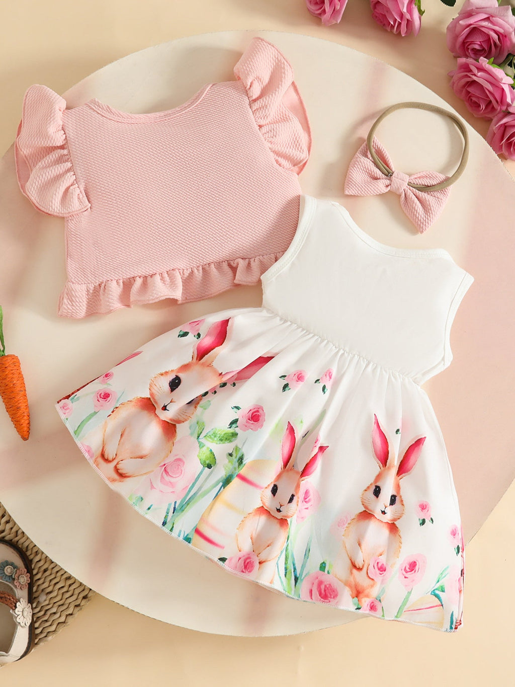 Children's Bunny Print Dress with Ruffle Cardigan & Headband Set