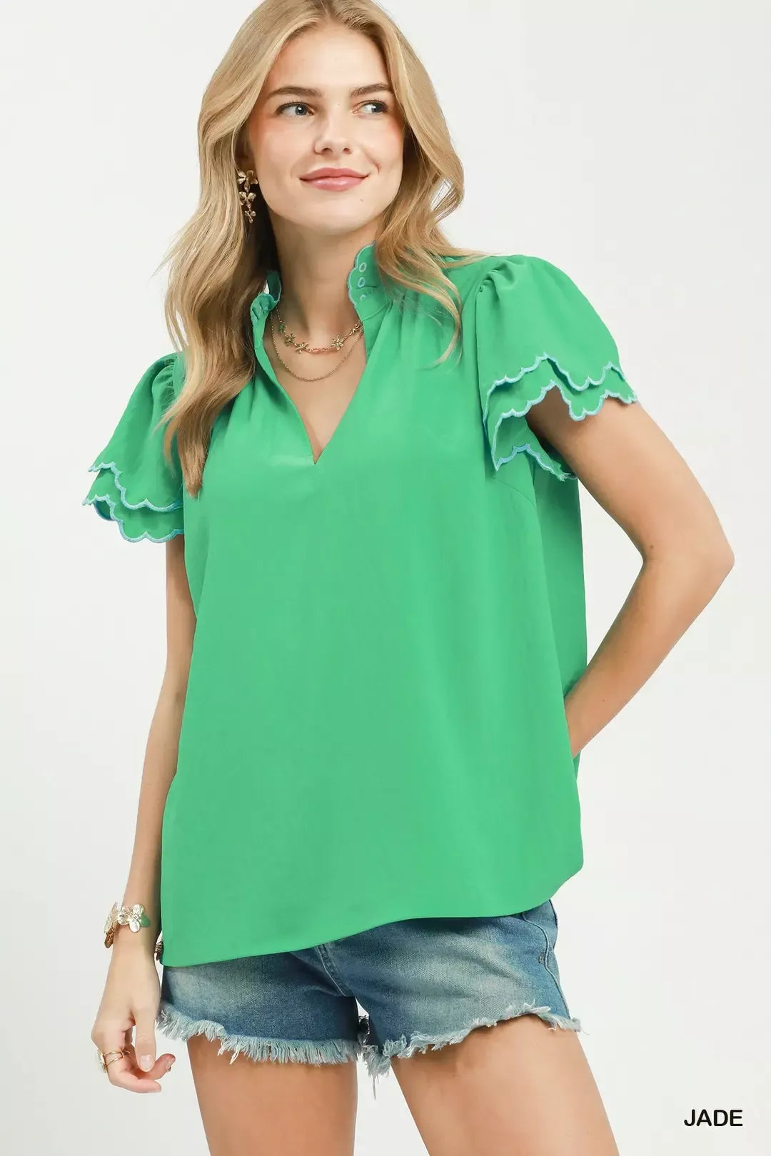 Umgee Scalloped Ruffle Sleeve Top