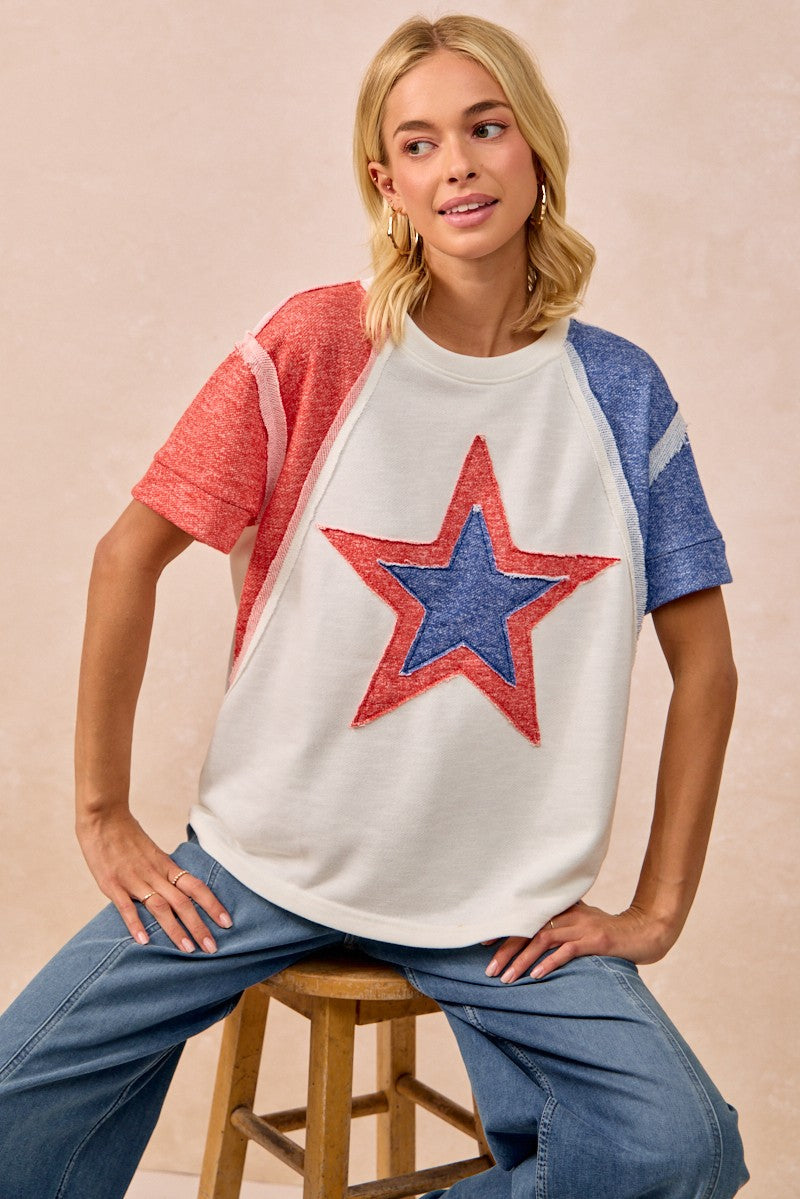 BiBi Contrast French Terry Cut Edge Detail Fourth Of July Theme T-Shirt