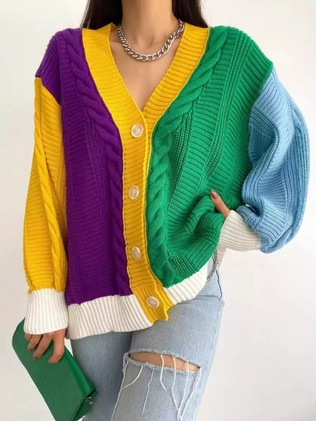 Color Block Button Down Cable-Knit Cardigan